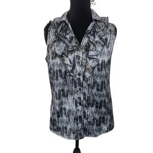 Tahari Arthur S. Women's Black Gray  Ruffled Sleeveless Button Down Top Causal S